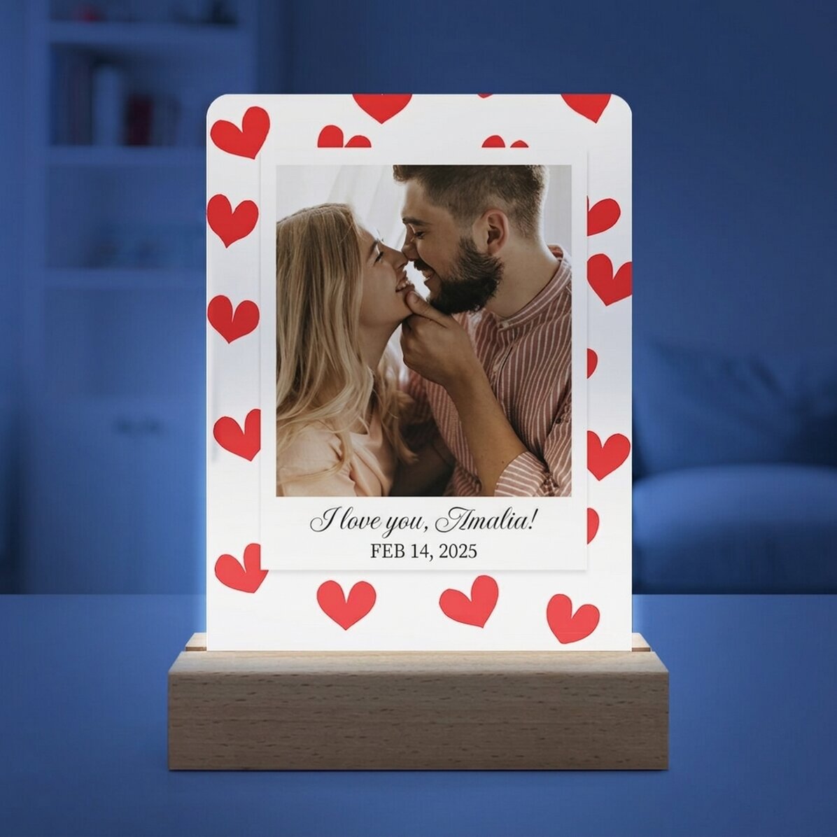 Lampe de veille LED personnalisée avec une photo et un message - Cœurs