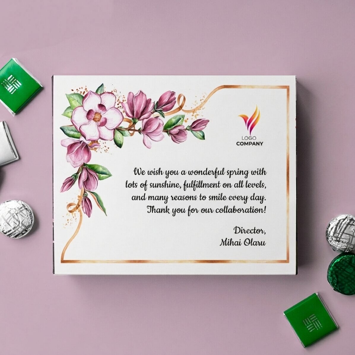 Boîte de bonbons personnalisée avec logo et message - Floral