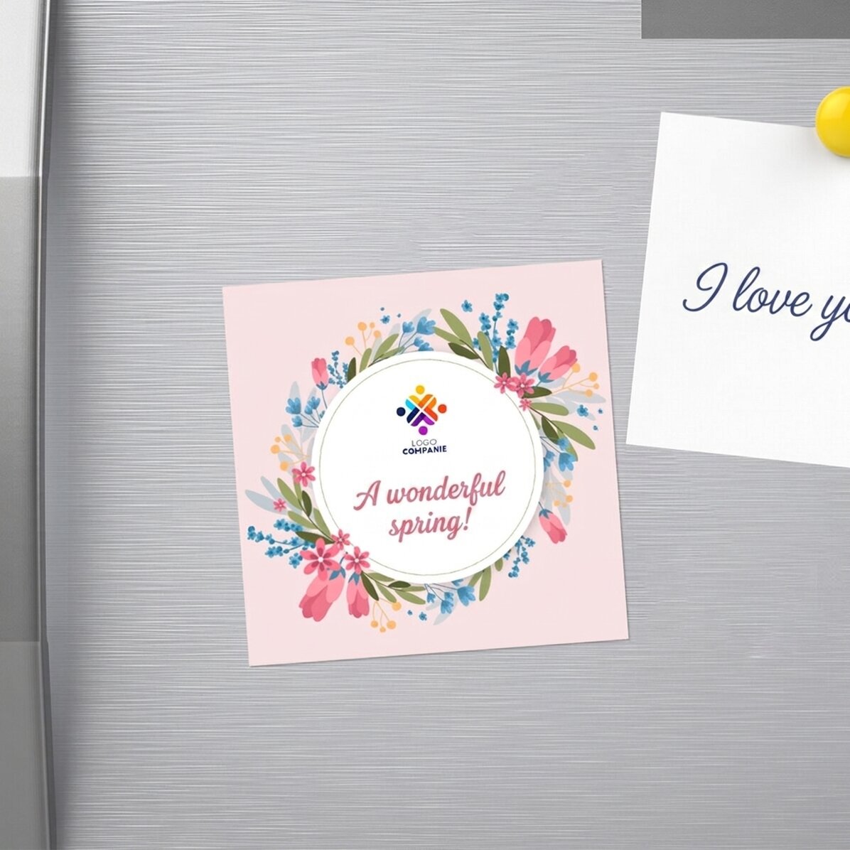 Aimant 10 x 10 personnalisé avec logo et texte - Un beau printemps !