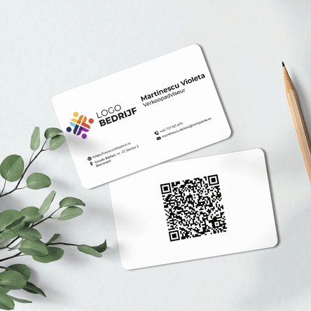 Gepersonaliseerd aluminium visitekaartje, voor- en achterzijde, met QR-code en contactgegevens