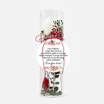 Martisor-sieraad van glas met geconserveerde bloemen, gepersonaliseerd met een boodschap