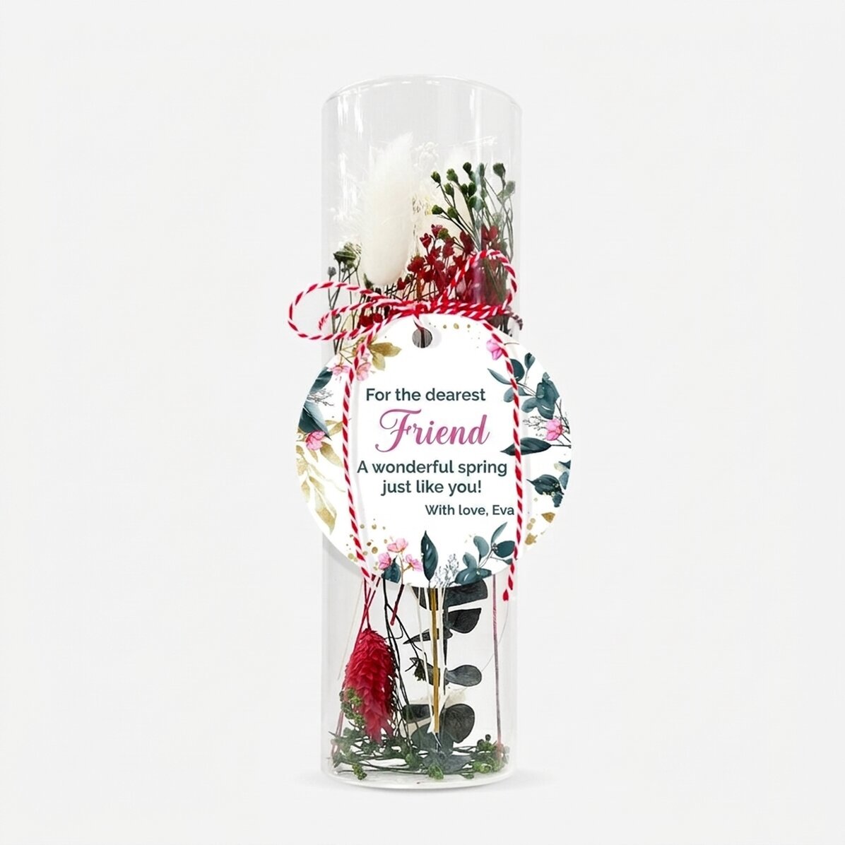 Pendentif martisor en verre avec des fleurs stabilisées, personnalisé avec un message - Ma chérie