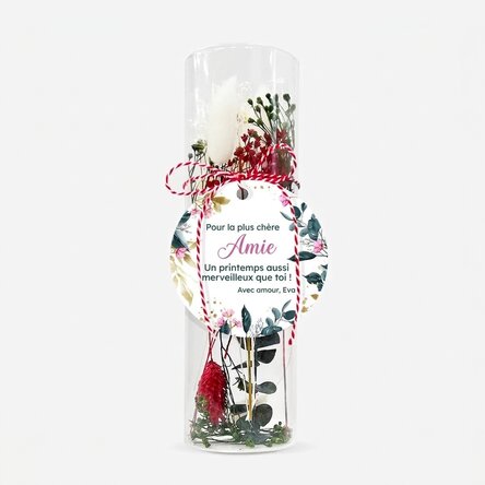 Pendentif martisor en verre avec des fleurs stabilisées, personnalisé avec un message - Ma chérie