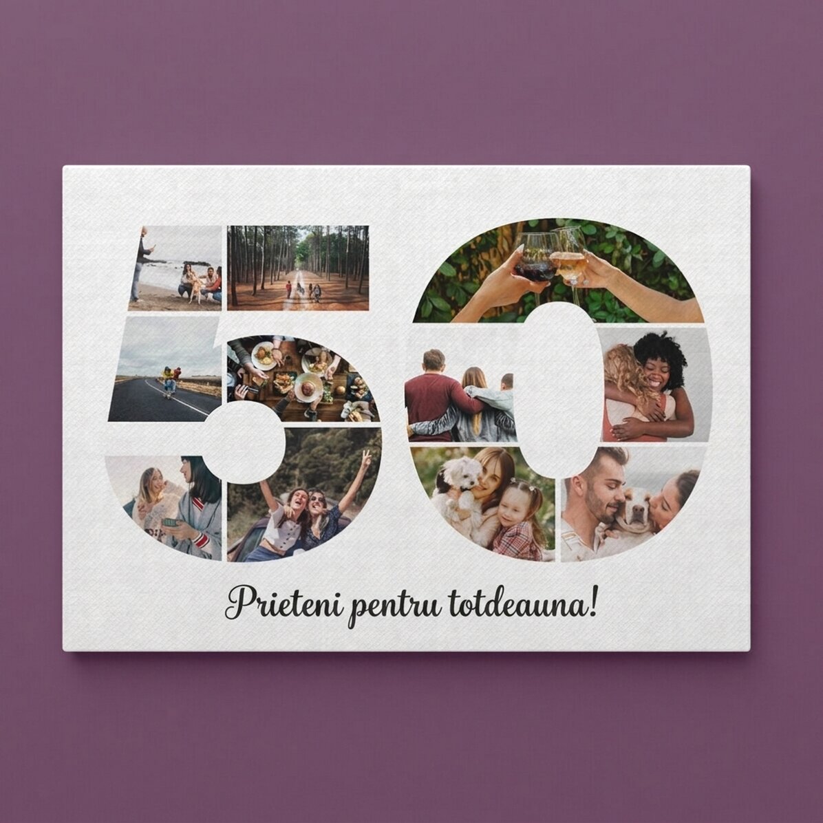 Tableau sur toile personnalisé au format paysage, comprenant 11 photos du modèle n° 50 et un message