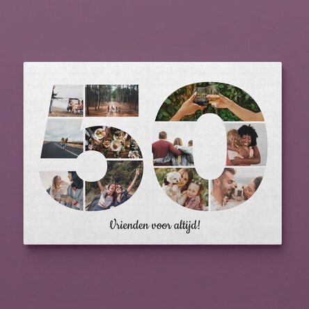 Gepersonaliseerd canvasdoek in liggend formaat met 11 foto’s (model nr. 50) en een tekstbericht