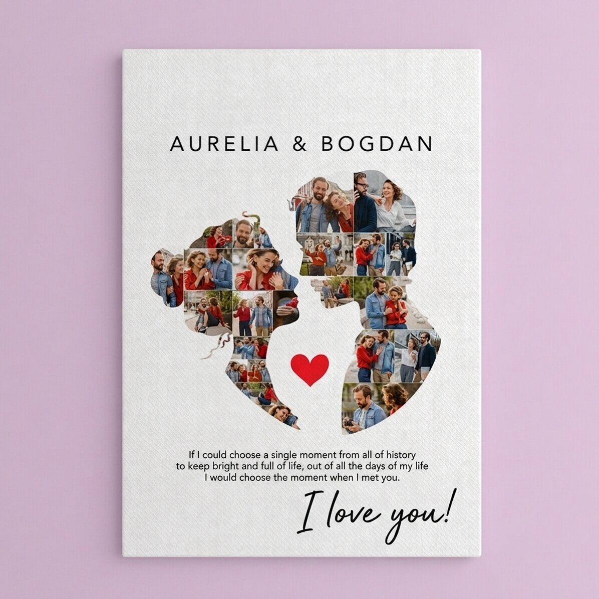 Gepersonaliseerd canvasdoek met 26 foto’s en tekst voor een stel – Onze liefde