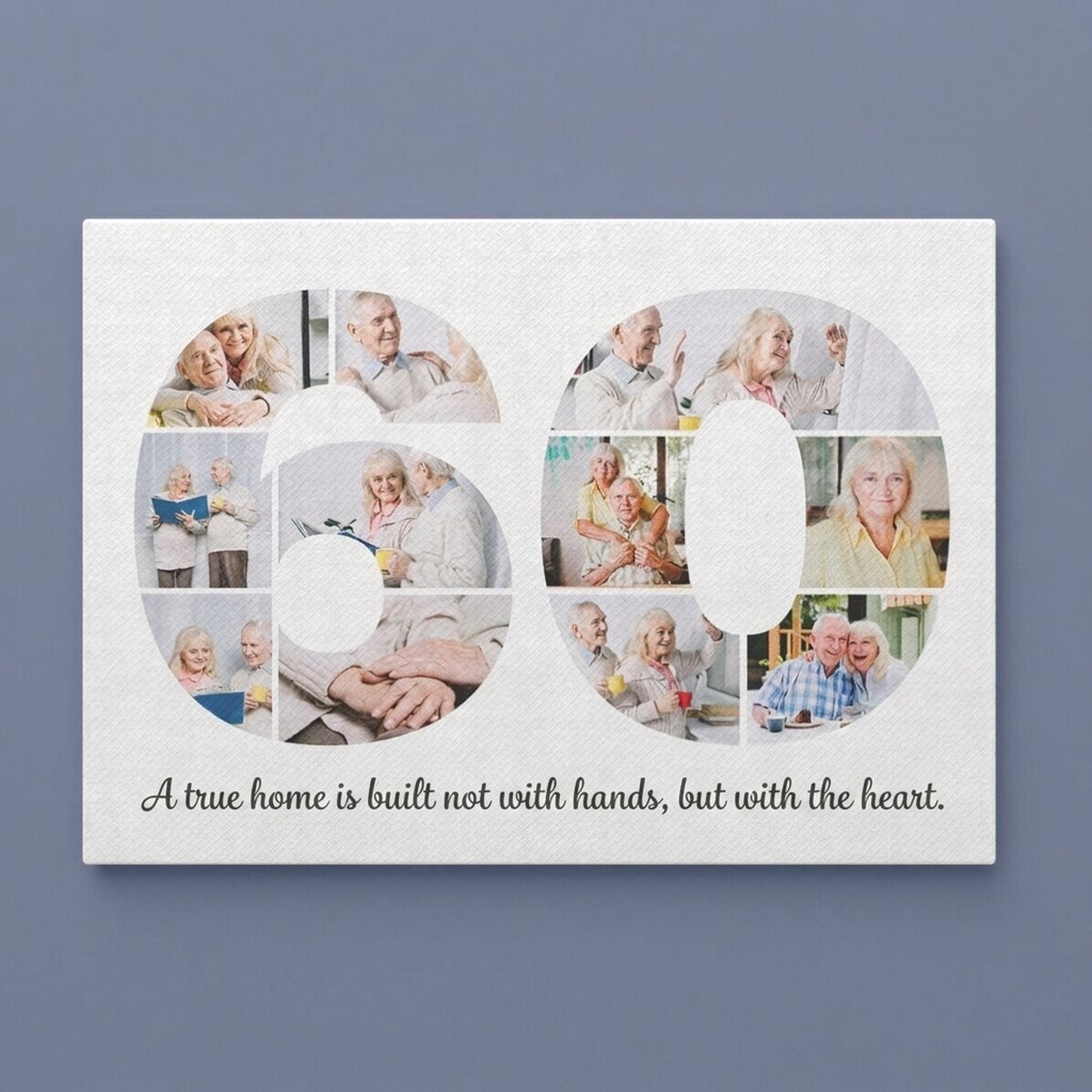 Gepersonaliseerd canvasdoek in liggend formaat met 11 foto’s (model nr. 60) en een tekstbericht