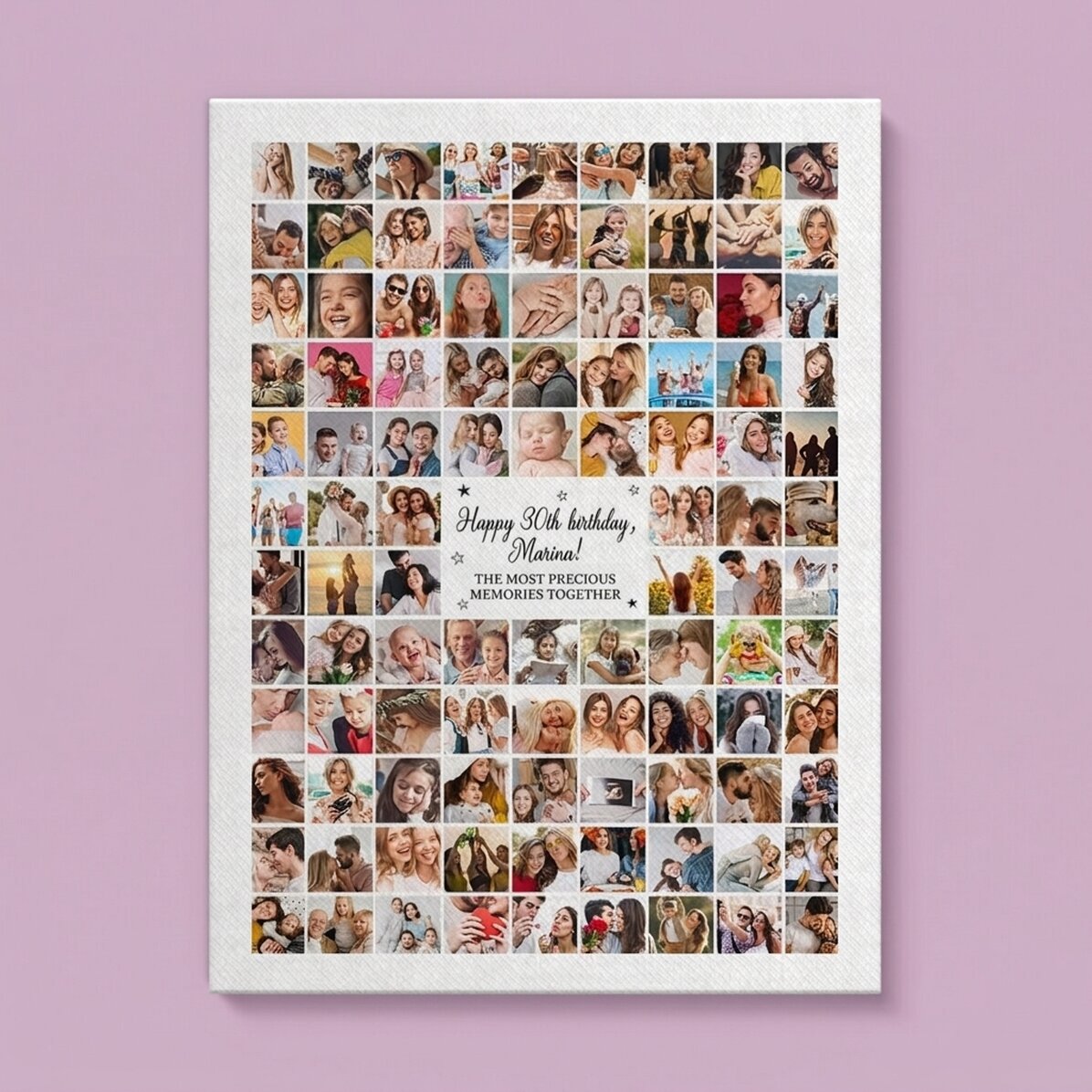 Gepersonaliseerd canvasdoek met 102 foto’s en een boodschap