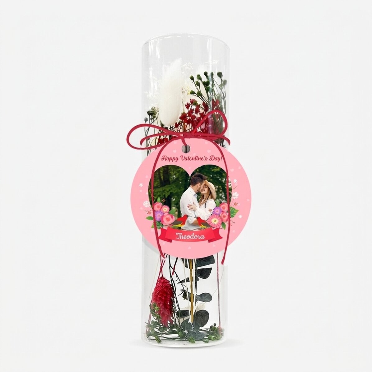 Glasornament met geconserveerde bloemen, gepersonaliseerd met tekst en foto - Love