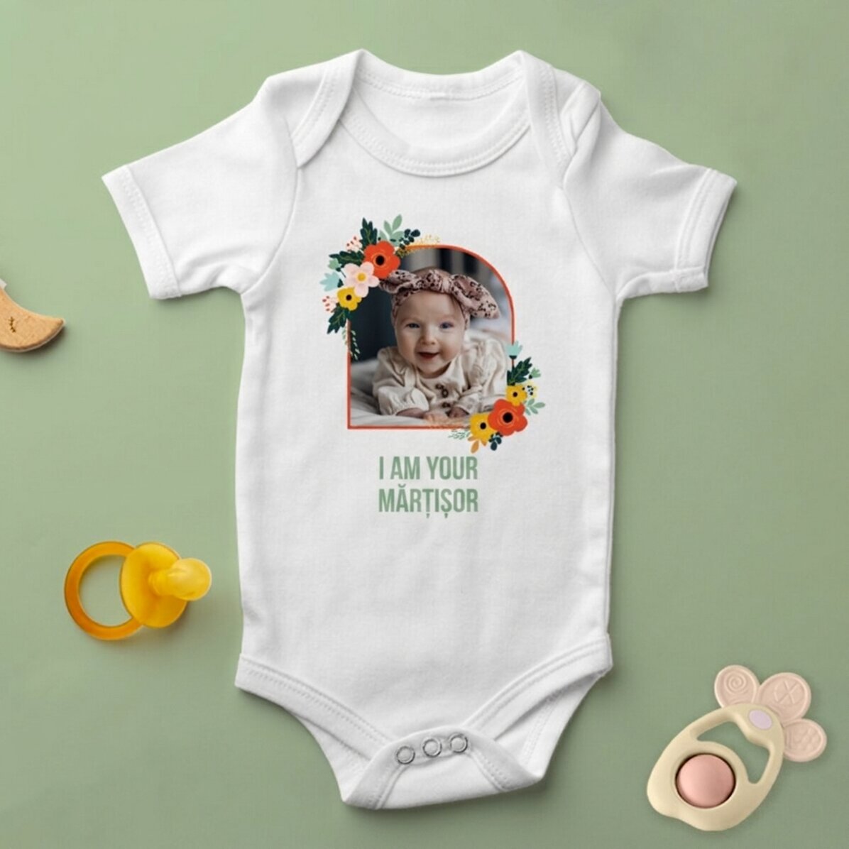 Body pour bébé personnalisé avec une photo et un texte - Fleurs