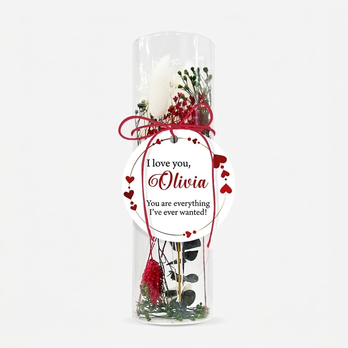 Glasornament met geconserveerde bloemen, gepersonaliseerd met de tekst 