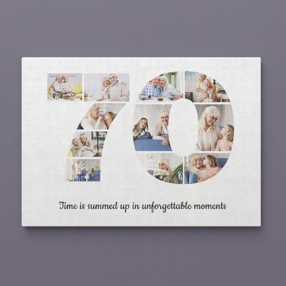 Gepersonaliseerd canvasdoek in liggend formaat met 11 foto’s, modelnummer 70 en tekstbericht