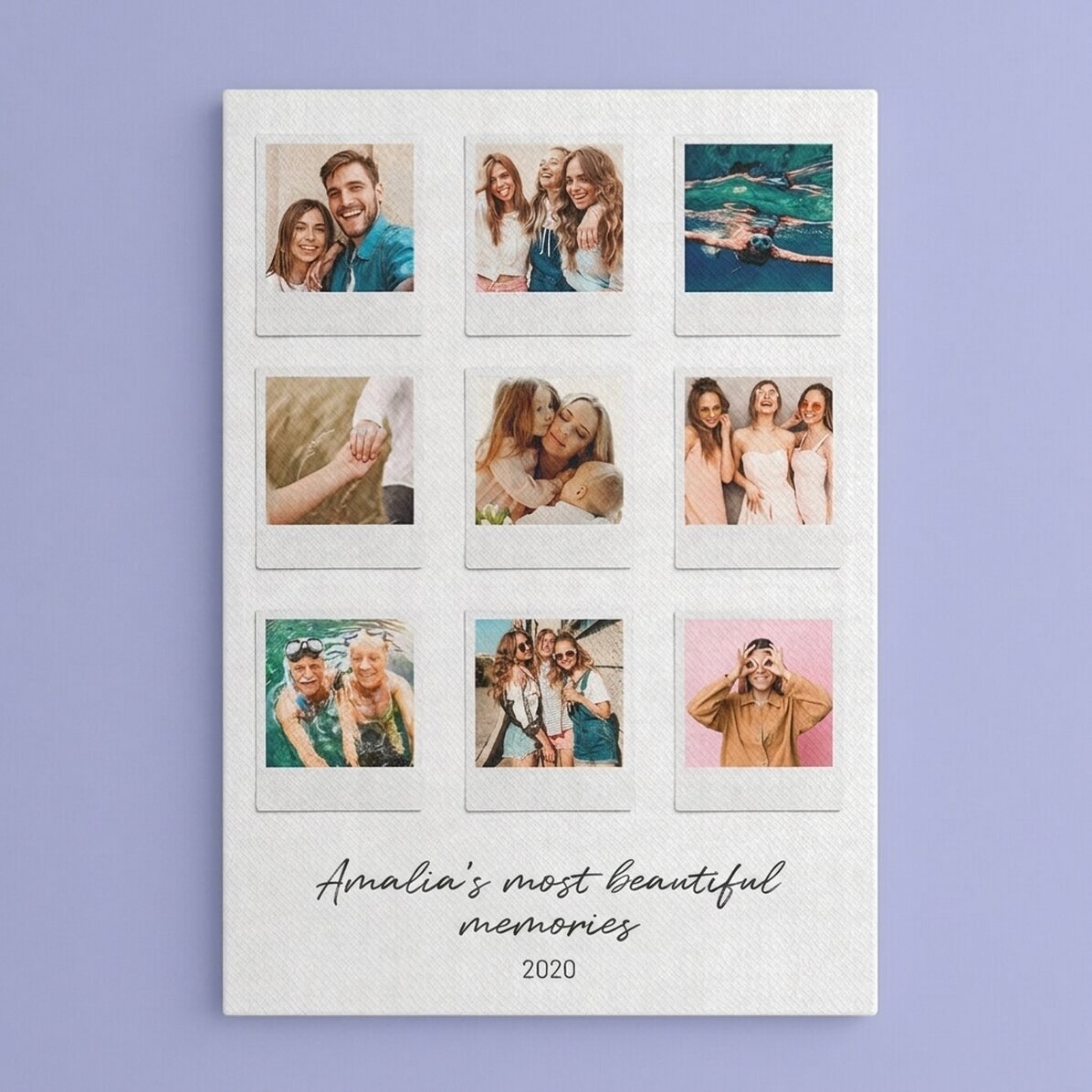 Gepersonaliseerd canvasdoek met tekst en 9 foto’s in Polaroid-stijl – De mooiste momenten