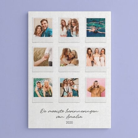 Gepersonaliseerd canvasdoek met tekst en 9 foto’s in Polaroid-stijl – De mooiste momenten