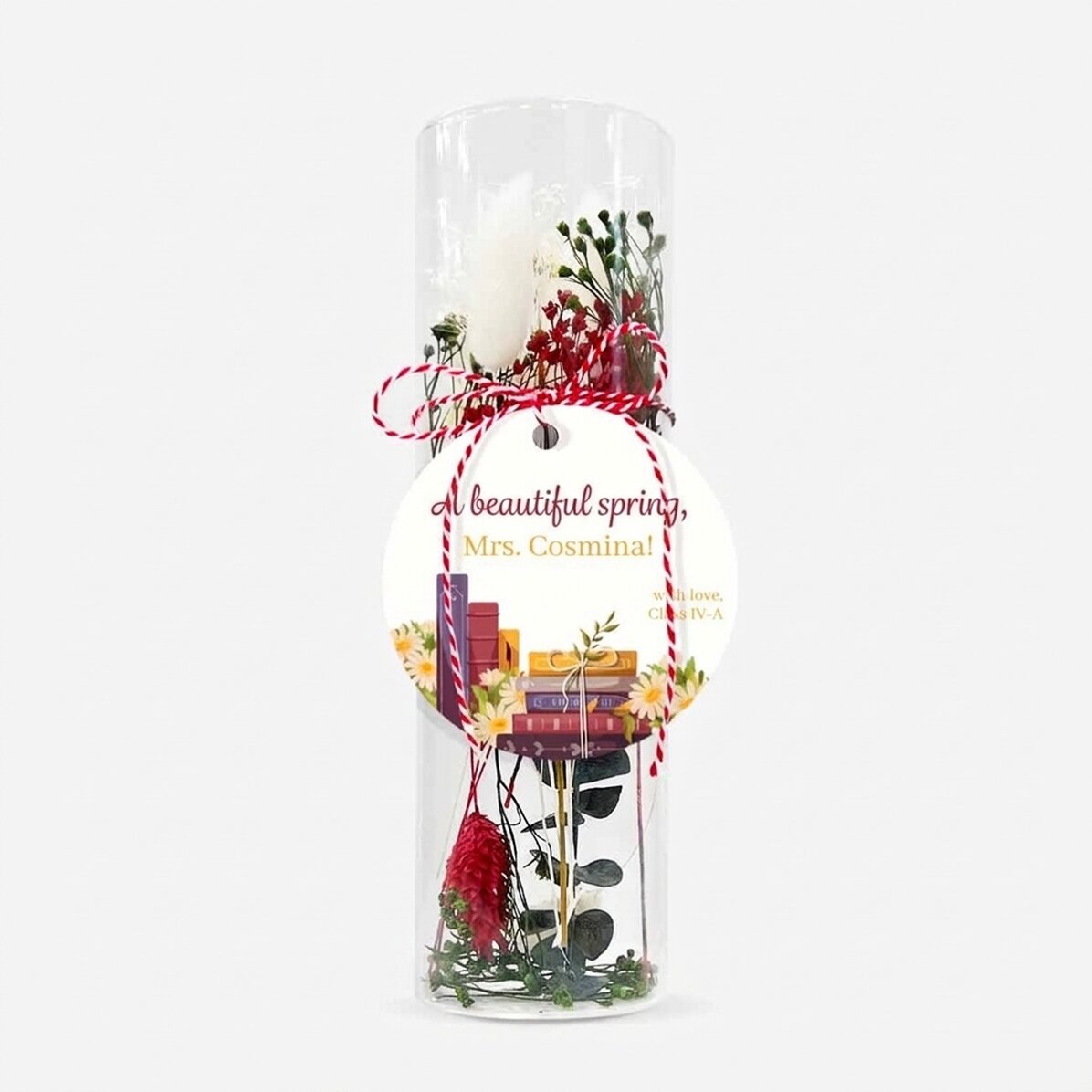 Décoration « martisor » en verre avec des fleurs stabilisées, personnalisée avec un message pour la 