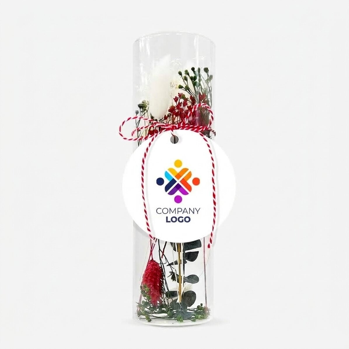 Pendentif « martisor » en verre avec fleurs stabilisées, personnalisé avec un logo