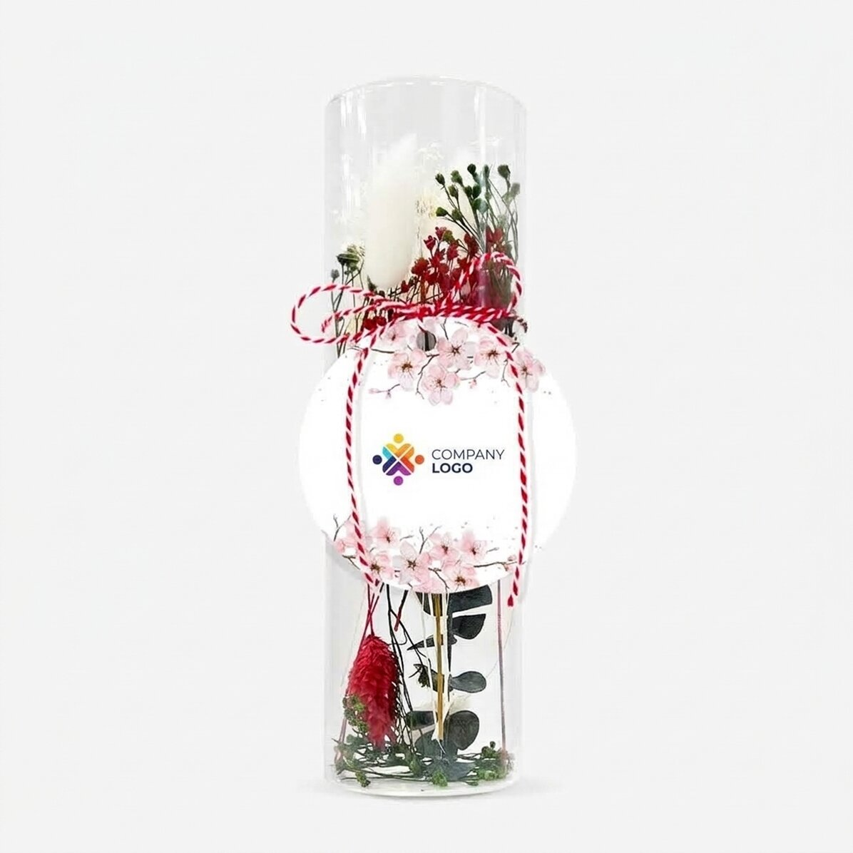 Décoration « martisor » en verre avec fleurs stabilisées, personnalisée avec un logo - Fleurs