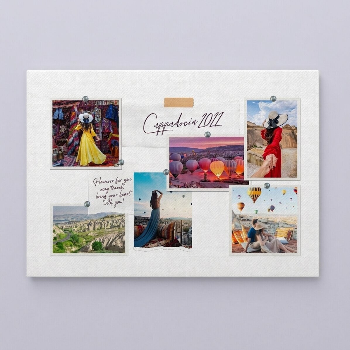 Gepersonaliseerd canvasdoek in liggend formaat met 6 foto’s en tekst - Jouw vakantie