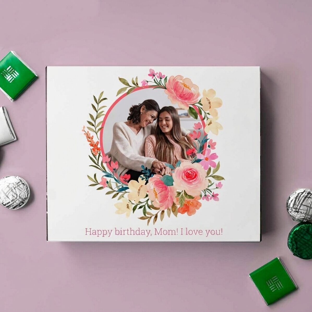 Boîte de bonbons personnalisée avec texte et photo - Fleurs