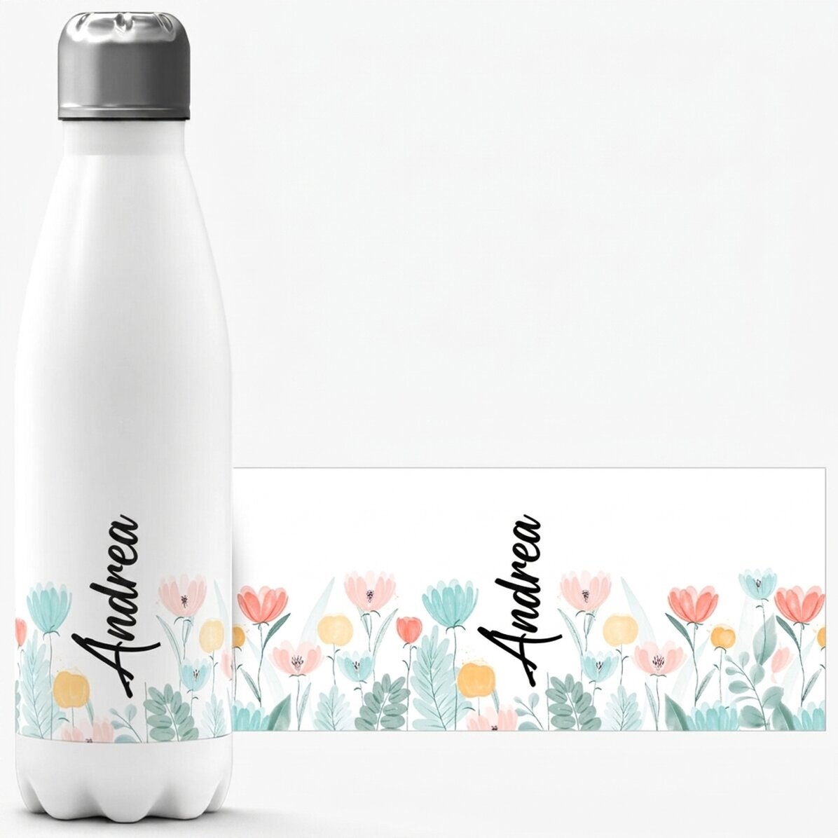 Thermos à base blanche personnalisé avec un prénom - Fleurs