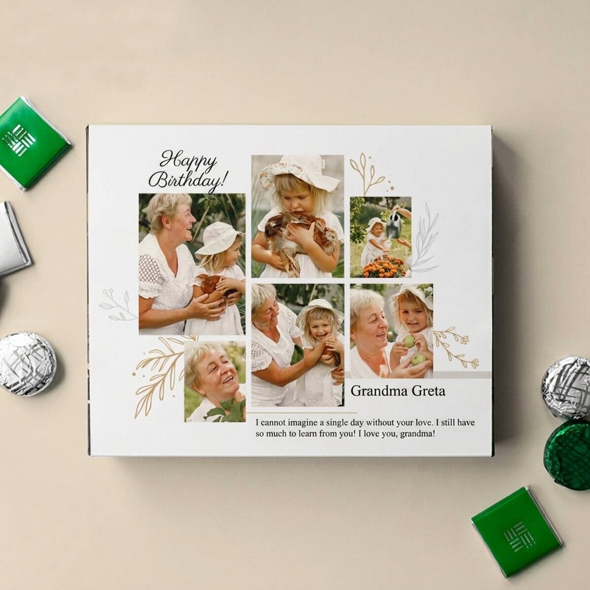 Boîte de bonbons personnalisée avec 6 photos et un message