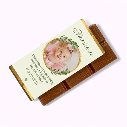 Gepersonaliseerde mini-chocoladetablet met foto en boodschap voor een doop