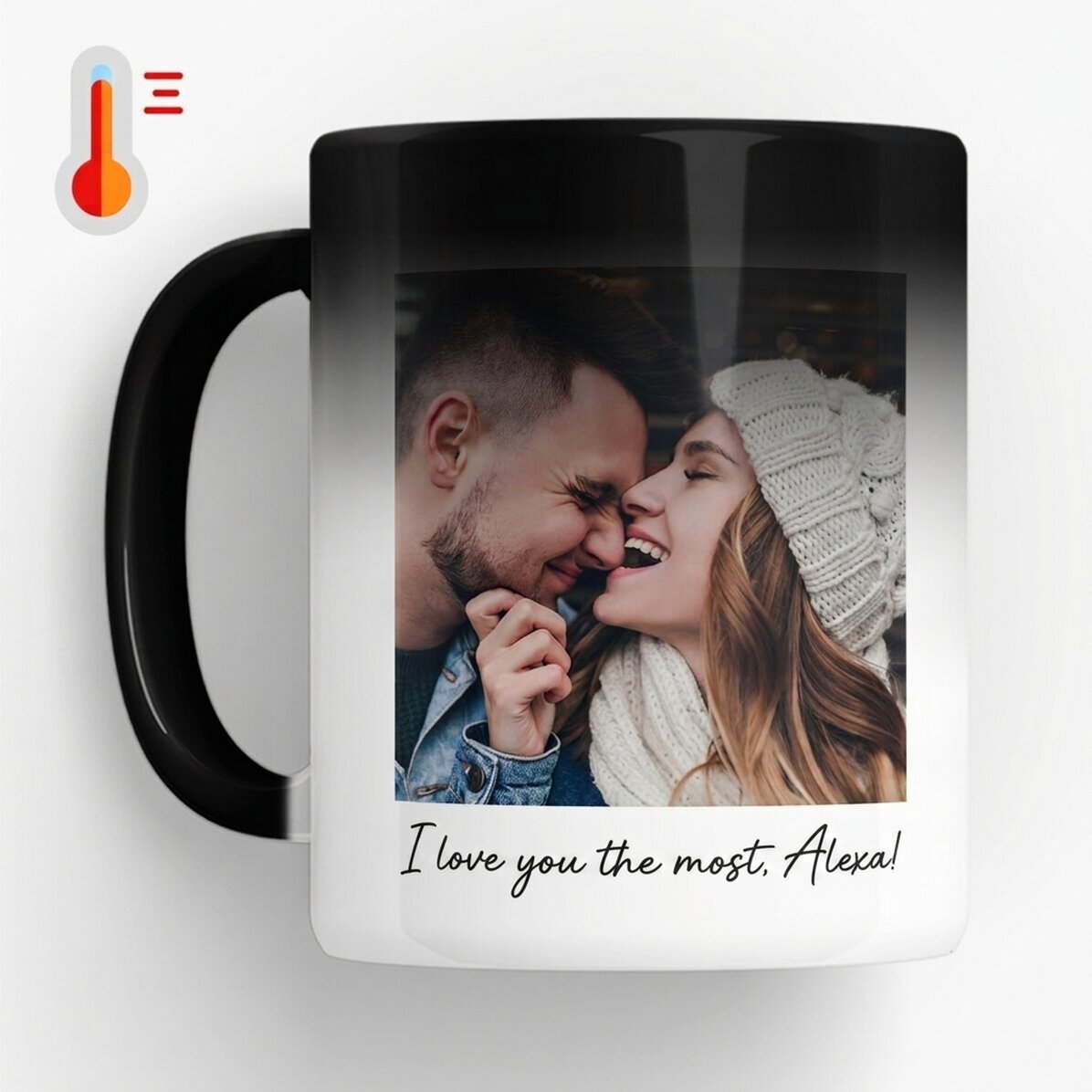Tasse thermosensible personnalisée avec une photo, un message et un code QR