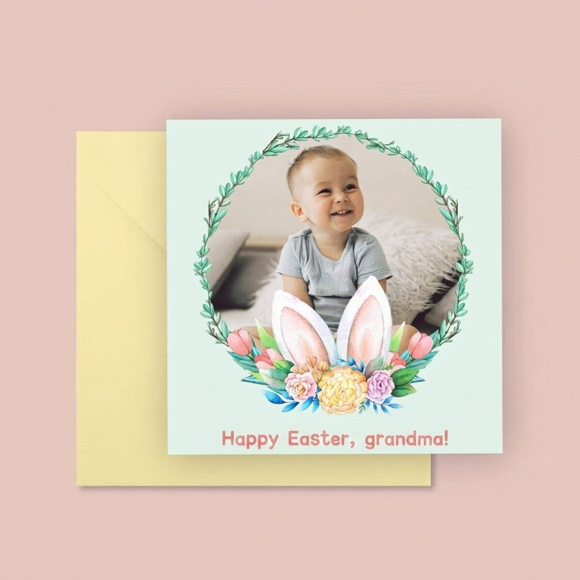 Carte carrée personnalisée avec un texte et une photo - Joyeuses Pâques !