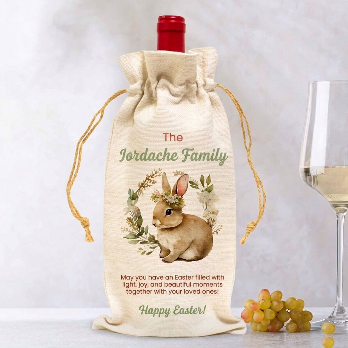 Gepersonaliseerd zakje voor een fles wijn met tekst - Fijne Pasen!