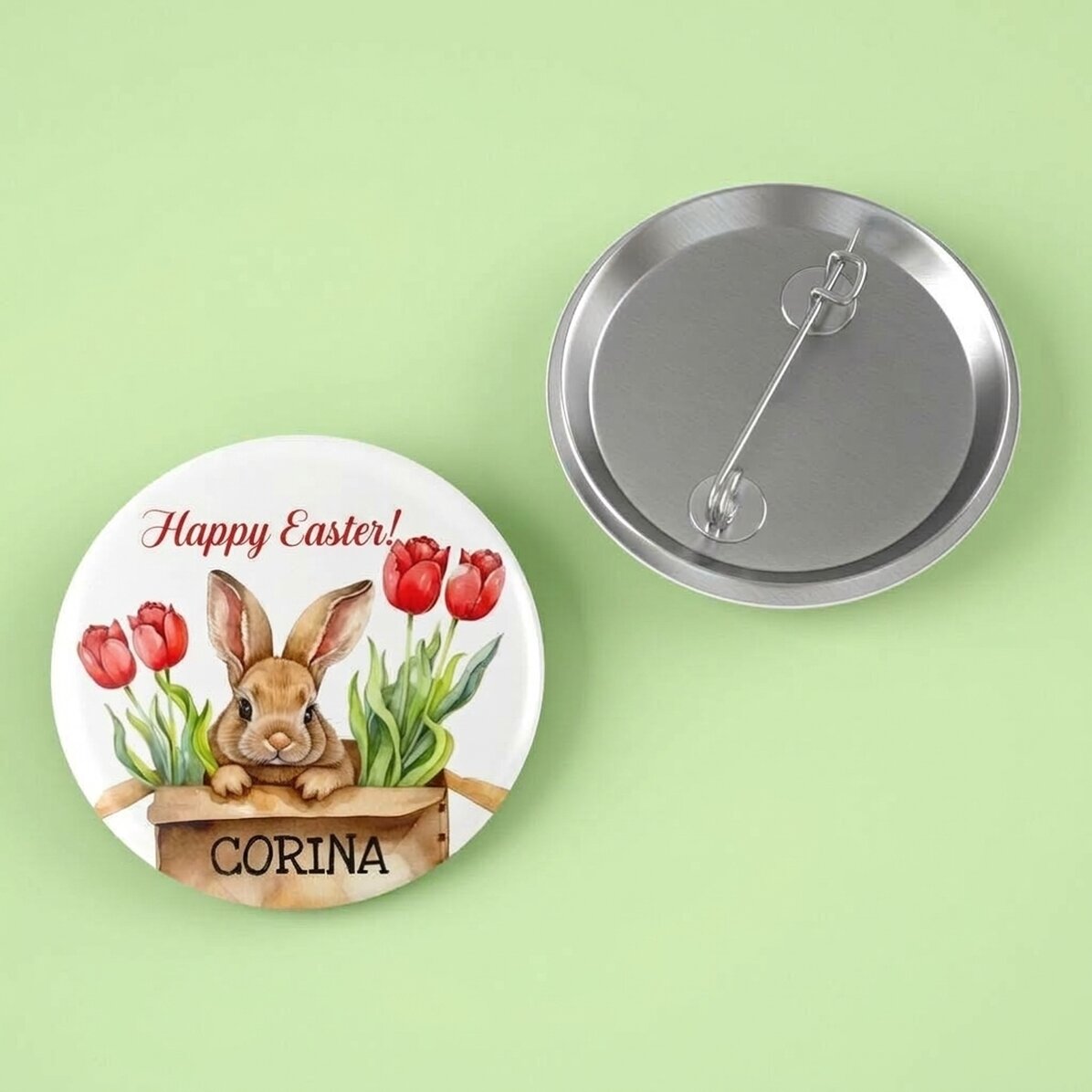 Badge personnalisé avec un message de Pâques - Mignon petit lapin