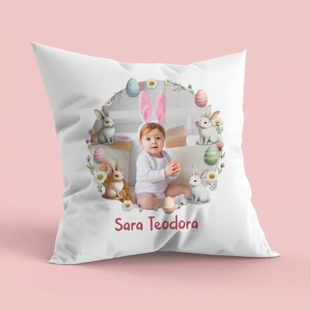 Coussin personnalisé avec prénom et photo - Joyeuses Pâques !