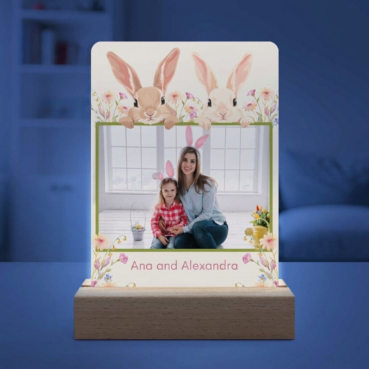 Gepersonaliseerde LED-nachtlamp met een foto en tekst - Konijnen
