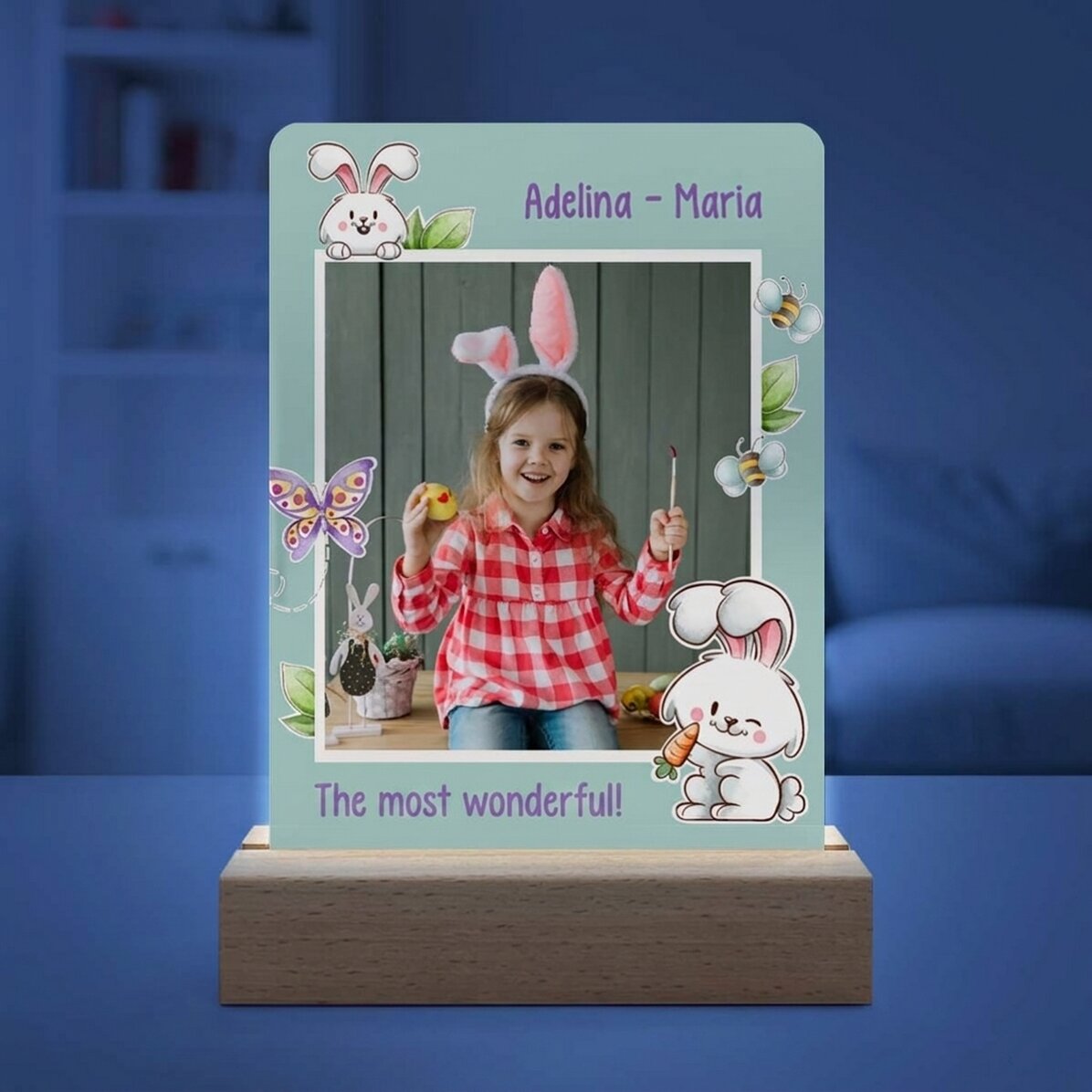 Lampe de veille LED personnalisée avec une photo et un texte - Lapin