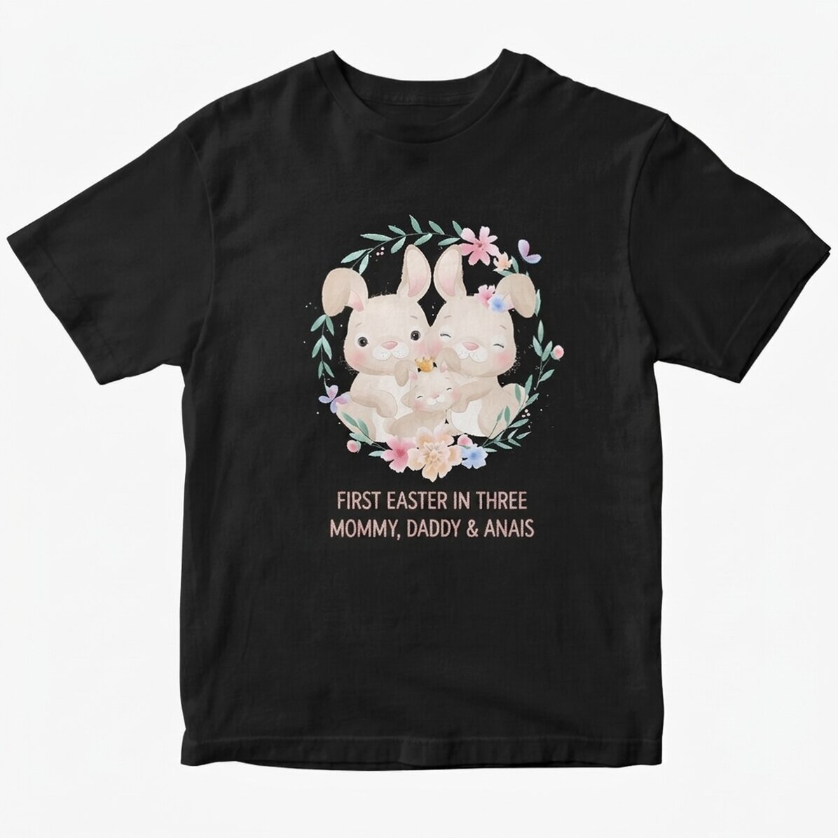 T-shirt en coton personnalisé avec un texte - Première Pâques à trois