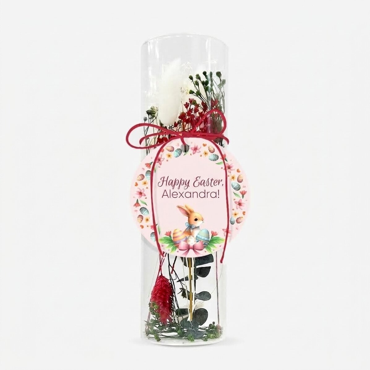 Glasornament met geconserveerde bloemen, gepersonaliseerd met tekst - Paashaas