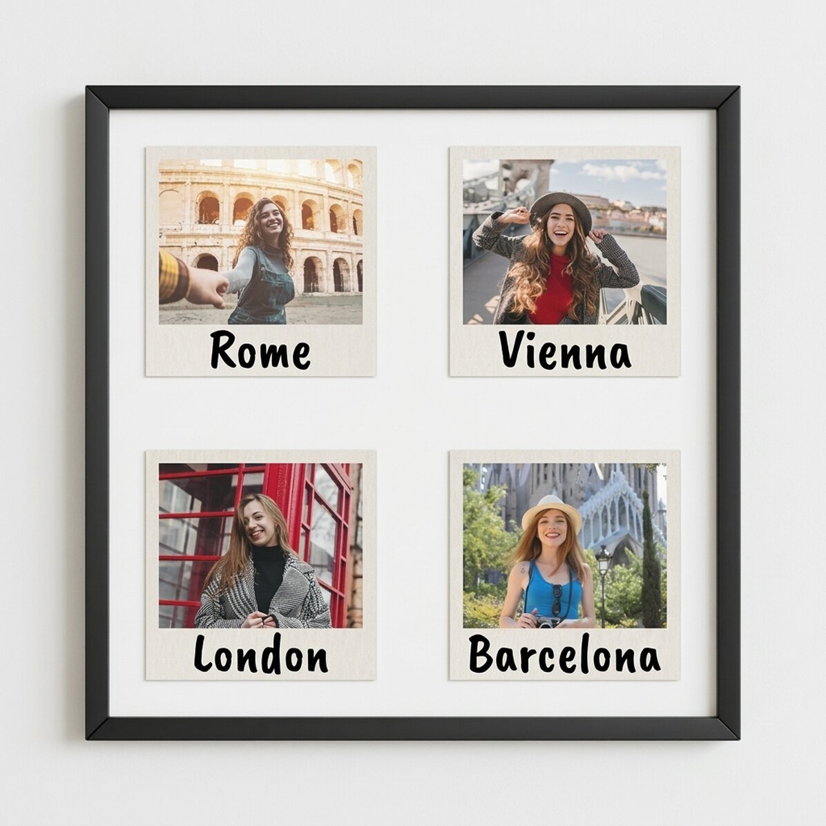 Gepersonaliseerd schilderij met 4 foto’s en tekst - Polaroid