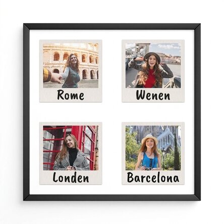 Gepersonaliseerd schilderij met 4 foto’s en tekst - Polaroid
