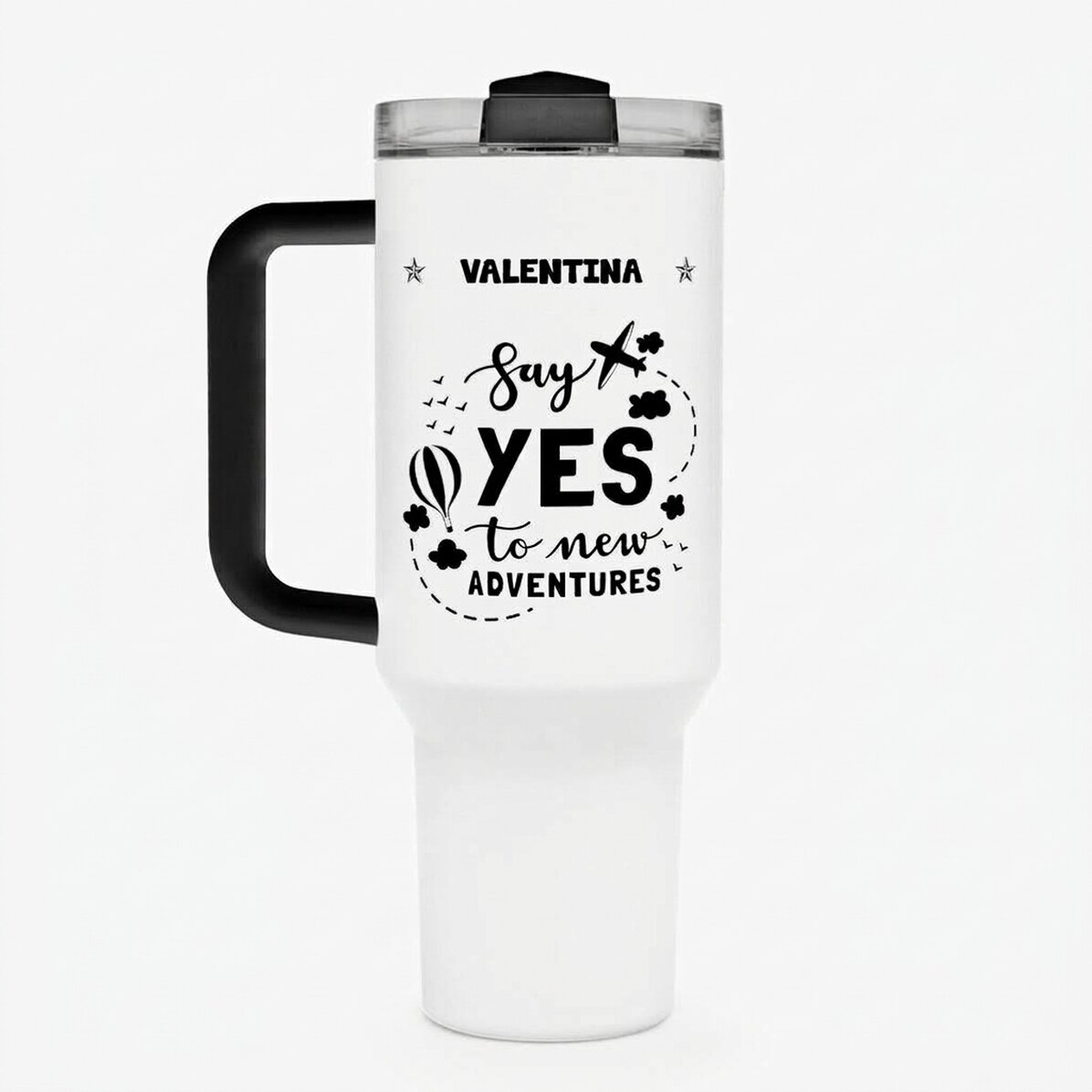 Thermosfles met handvat en rietje, gepersonaliseerd met naam - New Adventures