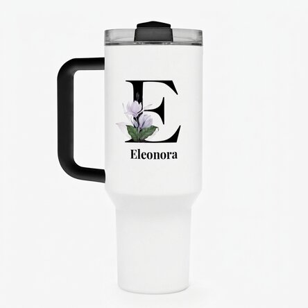 Tasse isotherme avec poignée et paille, personnalisée avec une initiale et un prénom