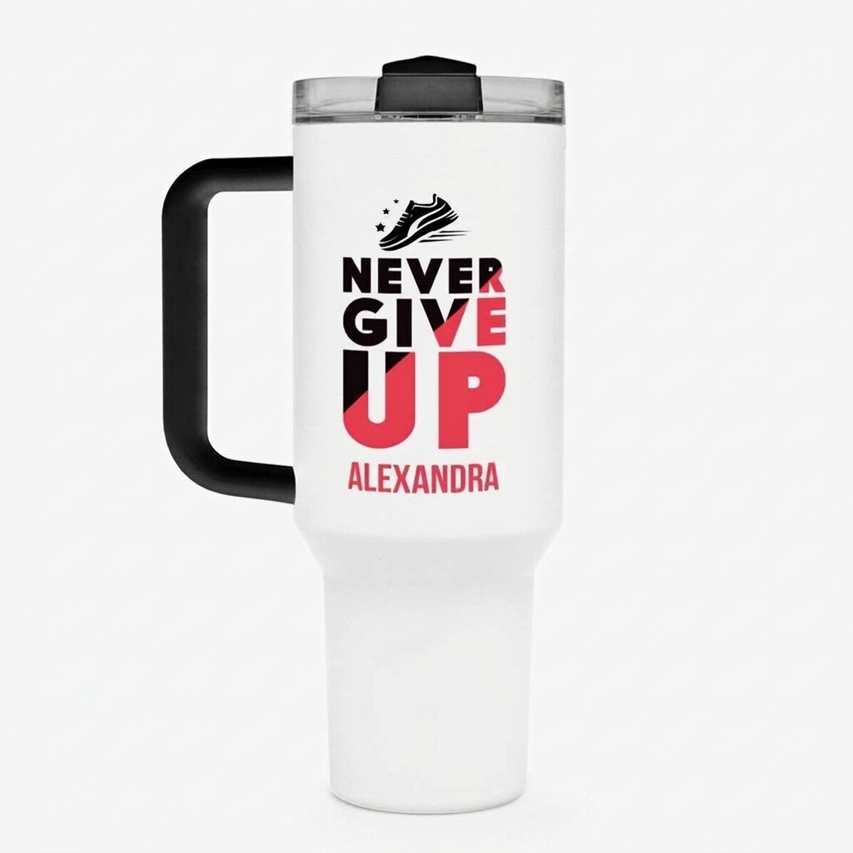 Thermosfles met handvat en rietje, gepersonaliseerd met naam - Never give up