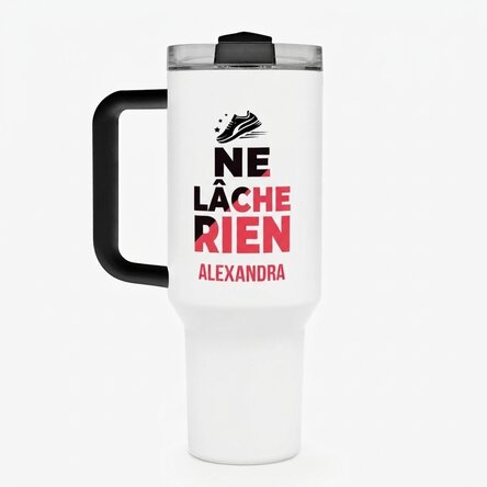 Tasse isotherme avec poignée et paille, personnalisée avec un prénom - Never give up