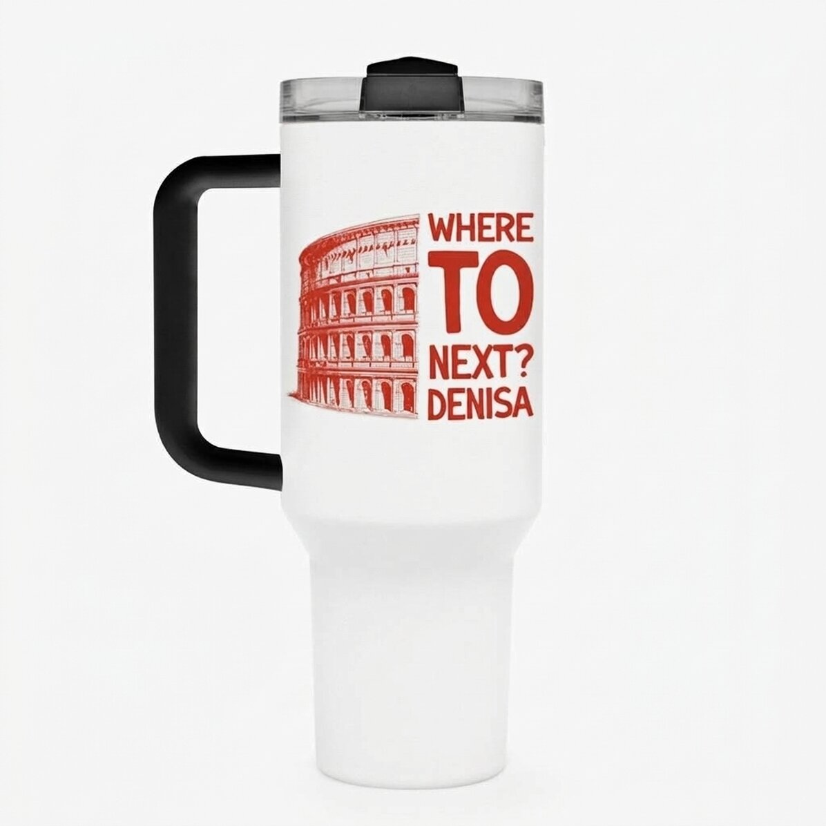 Thermosbeker met handvat en rietje, gepersonaliseerd met tekst - Where to next?