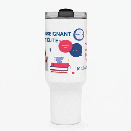 Tasse isotherme avec poignée et paille, personnalisée avec un message - Professeure d