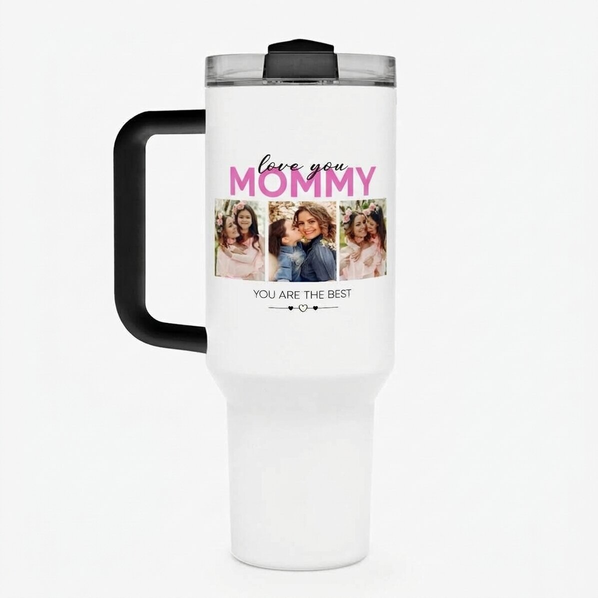 Tasse isotherme avec poignée et paille, personnalisée avec 6 photos et un texte - With love