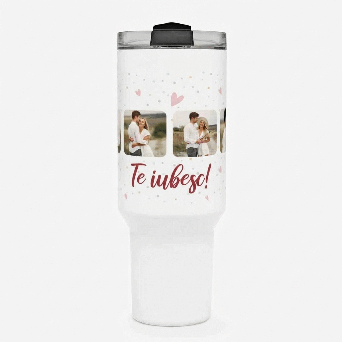 Thermosbeker met handvat en rietje, gepersonaliseerd met 6 foto’s en tekst - Celebrate love
