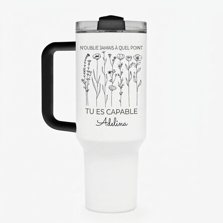 Tasse isotherme avec poignée et paille, personnalisée avec un texte - Flowers