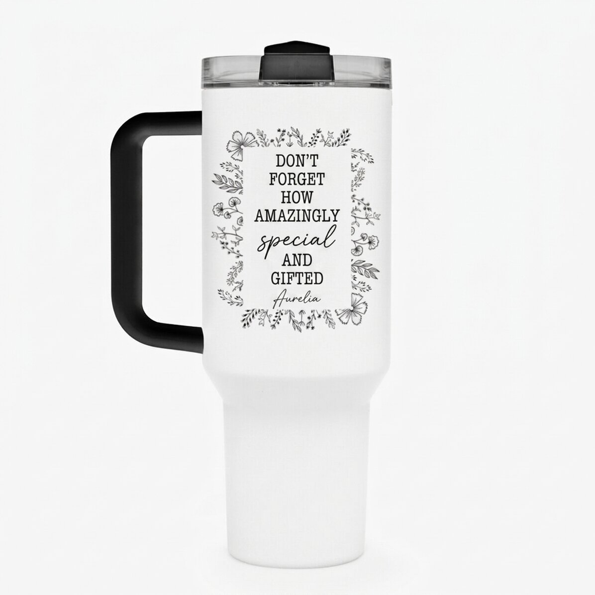 Thermosfles met handvat en rietje, gepersonaliseerd met tekst - Flower frame