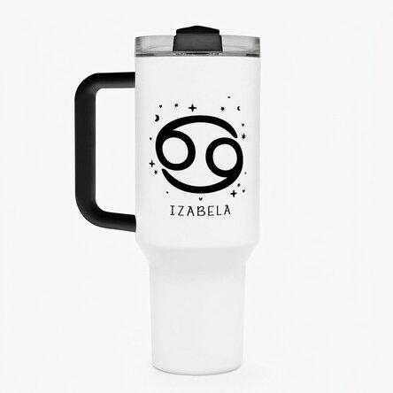 Tasse isotherme avec poignée et paille, personnalisée avec un texte - Signe du Cancer