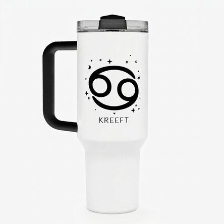 Thermosbeker met handvat en rietje, gepersonaliseerd met tekst - Sterrenbeeld Kreeft