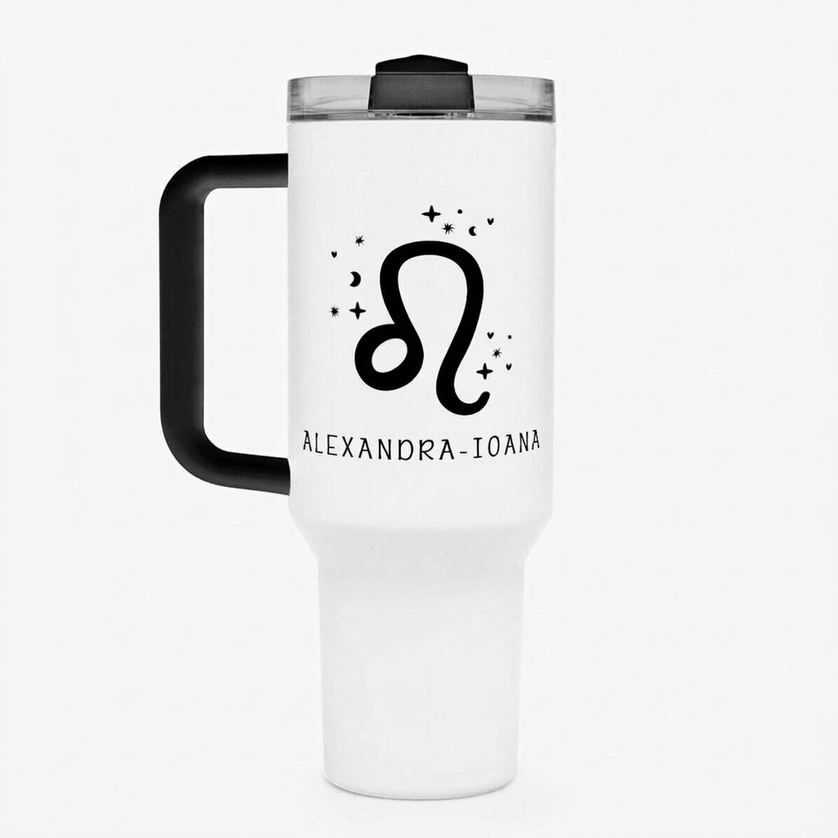 Thermosbeker met handvat en rietje, gepersonaliseerd met tekst - Sterrenbeeld Leeuw